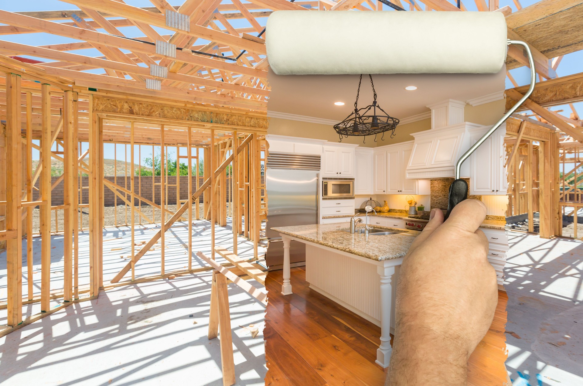 Before and After of Man Painting Roller Over Construction Framing to Reveal Completed and New Kitchen.